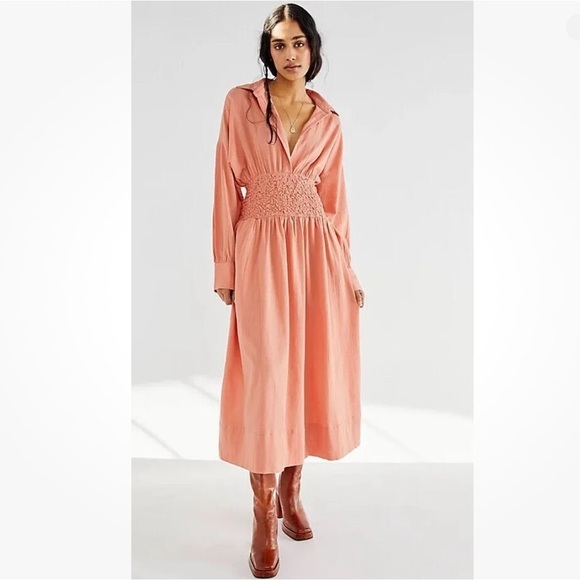 FREE PEOPLE Monika Peach Shirt Midi Drop Waist Dress Size Small - Picture 2 of 12